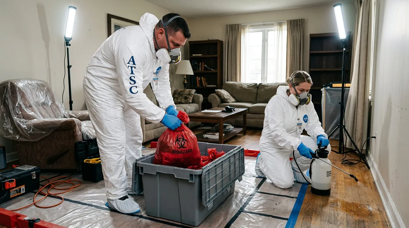 Professional Hazmat Cleanup technician in full PPE working in Webster Groves